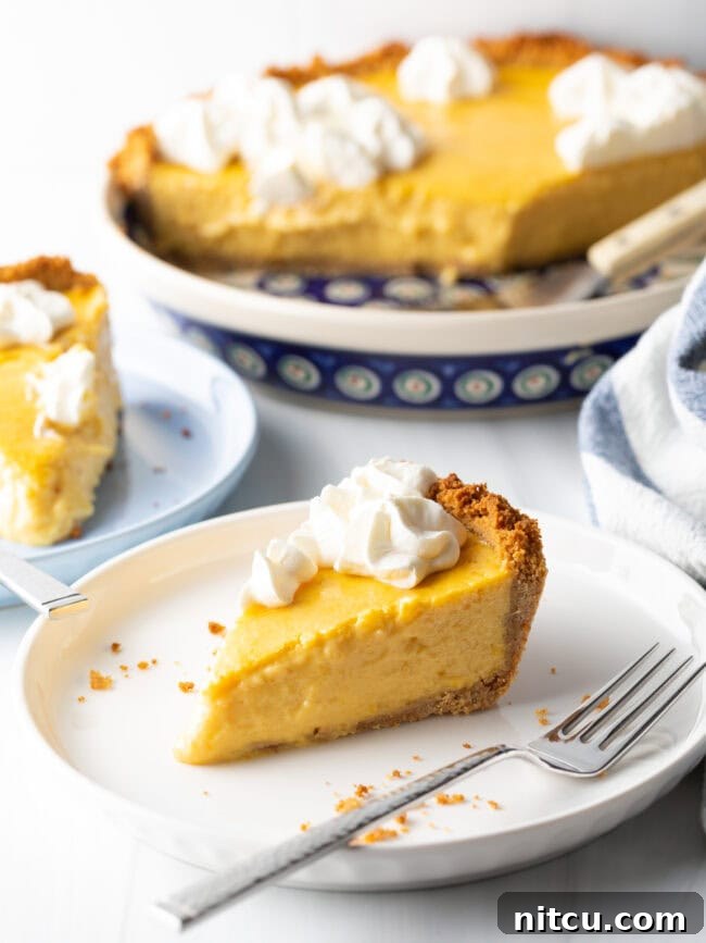 Slices of golden mango pie artfully arranged on a white plate, with a metal fork positioned neatly to the side, showcasing the dessert's readiness for enjoyment.