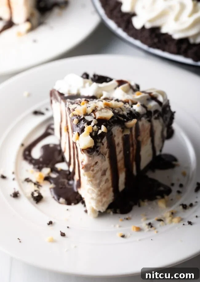Island Sunset Pie 2 A delectable slice of chocolate Duke's Hula Pie, garnished with whipped cream and macadamia nuts, resting on a white plate.