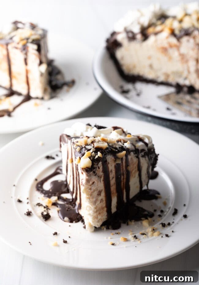 Island Sunset Pie 15 A pristine slice of macadamia nut ice cream pie on a white plate, showcasing its layers of crust, ice cream, fudge, and nuts.