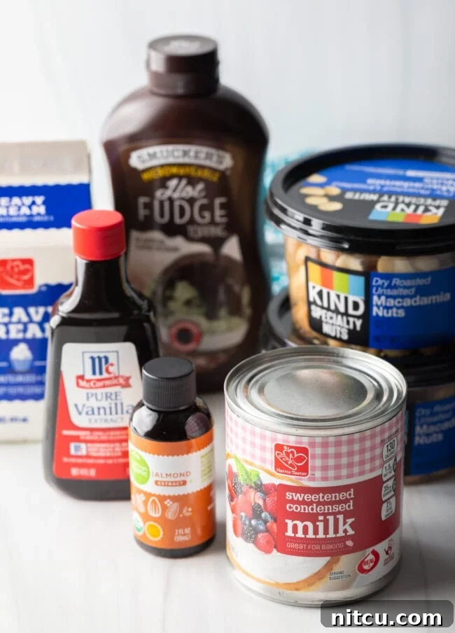 Island Sunset Pie 5 Recipe ingredients: Canned sweetened condensed milk, hot fudge sauce, tubs of macadamia nuts, almond extract, vanilla extract.