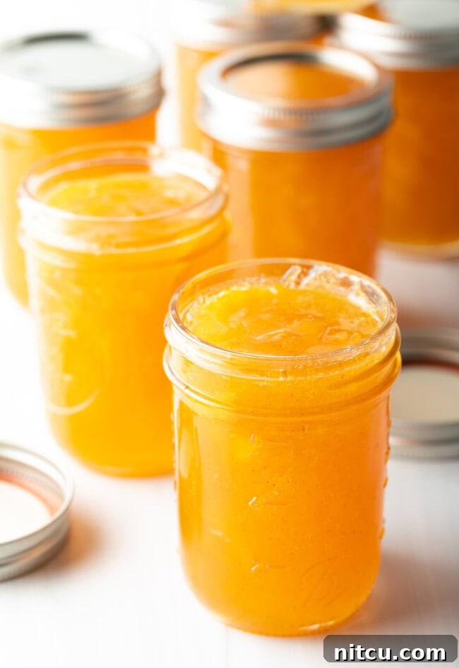 Multiple jars of peach preserves without lids, showcasing the vibrant orange hue of the homemade jam.