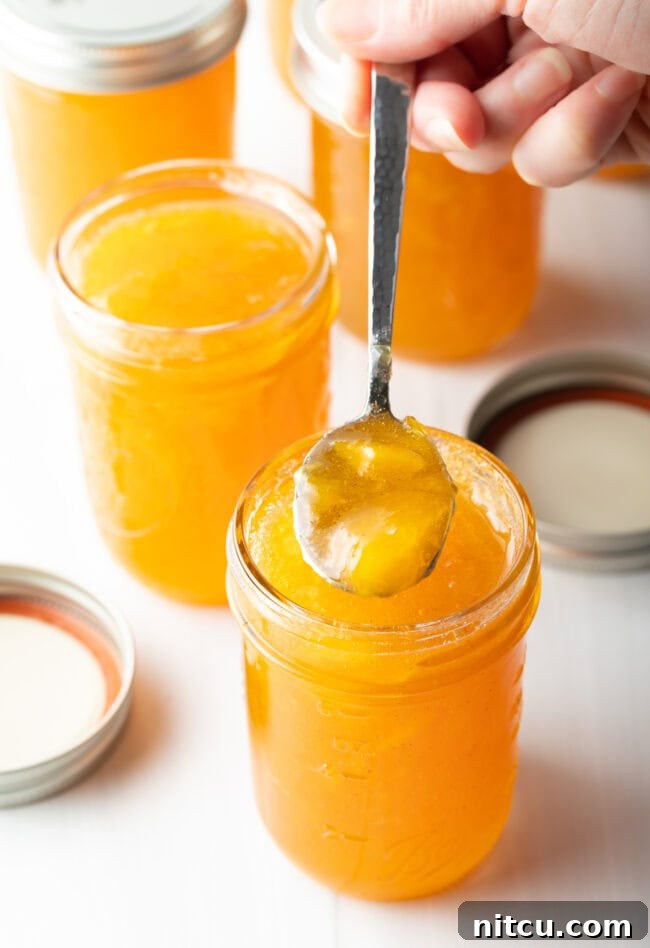 Jar of peach jam with a metal spoonful held up to the camera, showcasing its thick, chunky texture.