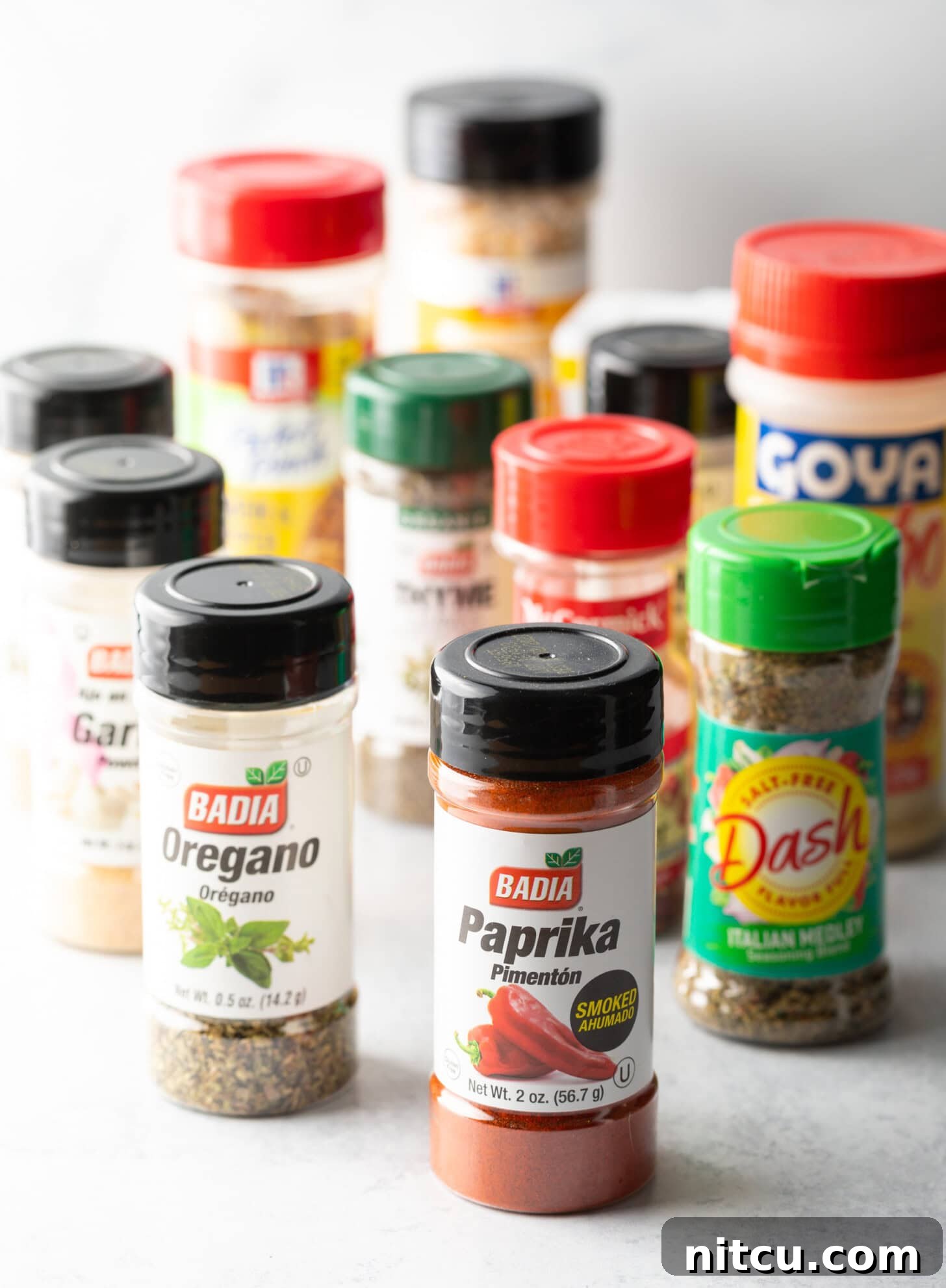 Signature Chicken Seasoning 6 Lineup of bottles of various spices including paprika, dash, oregano, and several more.