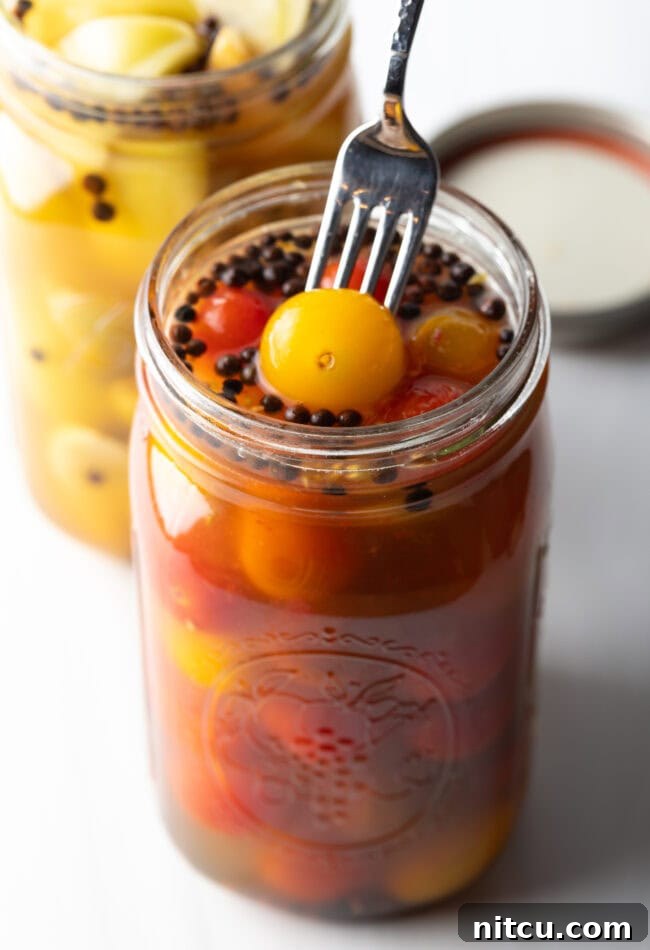Tangy Tomato Preserves 14 Fork taking a red cherry tomato from a large glass jar of pickling liquid.