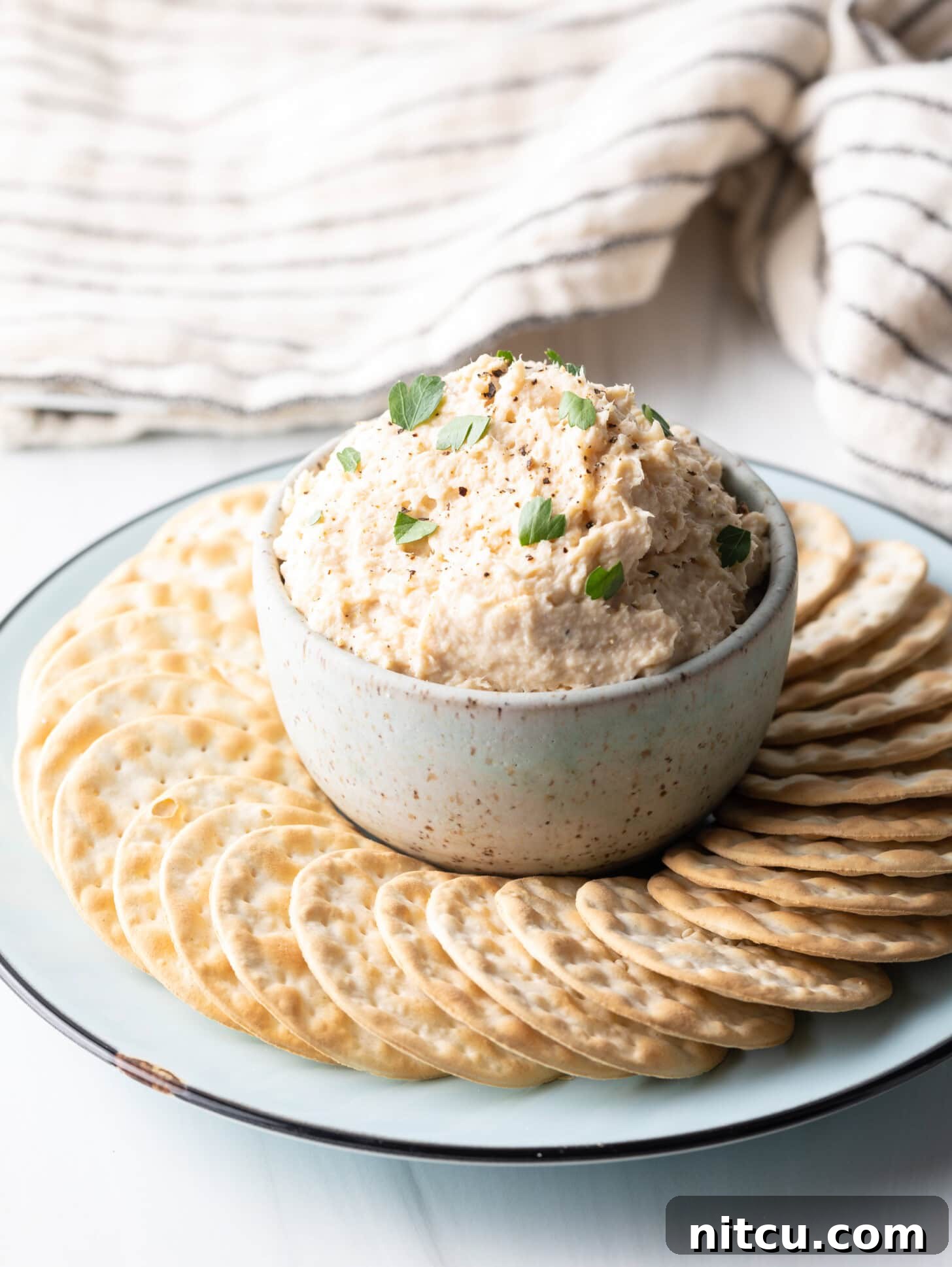 Coastal Smokehouse Dip 3 A pristine, off-white bowl brimming with creamy smoked fish dip is presented centrally on a rustic round serving platter, artfully encircled by an assortment of crisp, circular crackers.