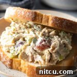 Large turkey salad sandwich on a white plate.