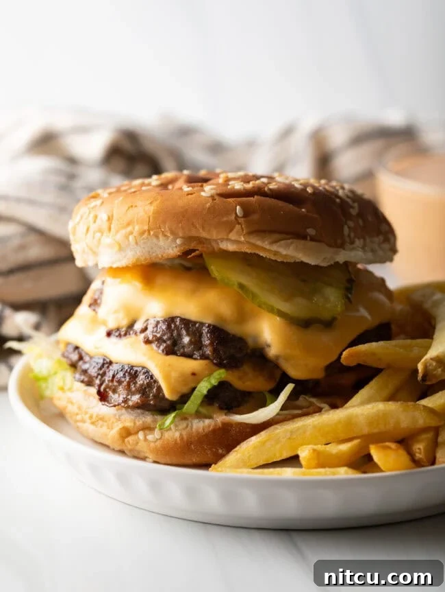 A double patty stacked Big Mac burger, homemade and delicious, served alongside a portion of golden french fries on a pristine white plate.