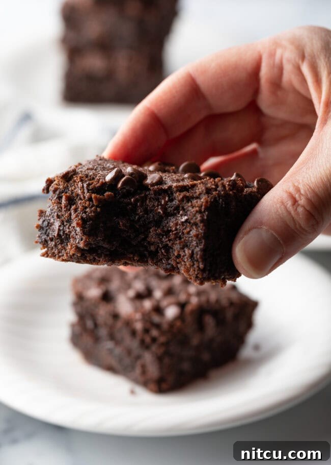 Glow-Up Protein Brownies 12 A hand holding a fudgy protein brownie with a bite taken out of it, showing its moist, dark interior and delicious appeal.