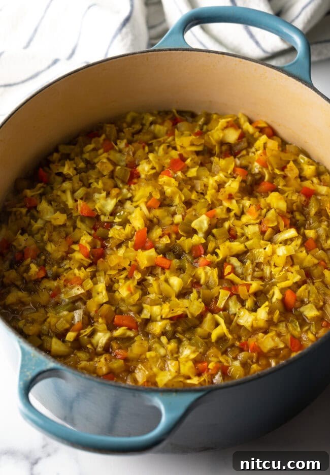 Tangy Homemade Chow Chow 9 Cooked chow chow in a large pot.