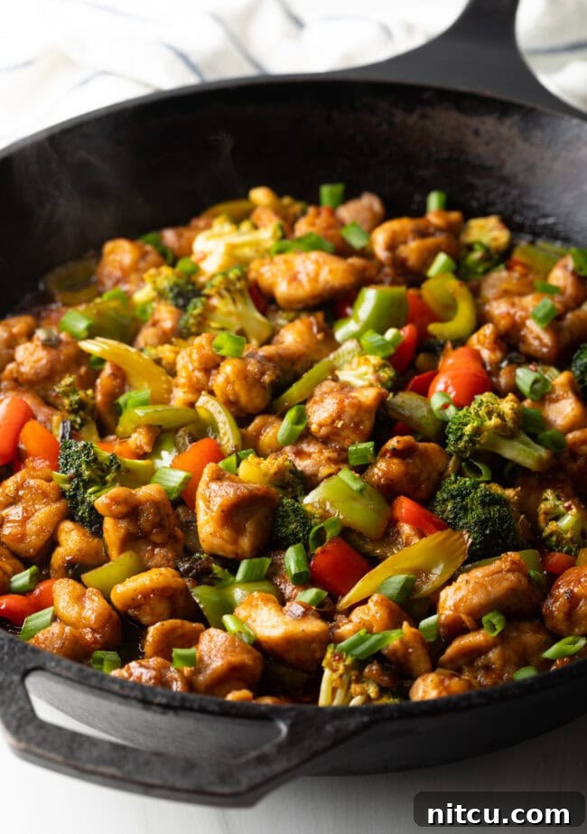 Hunan Firecracker Chicken 11 A vibrant and delicious chicken and vegetable stir-fry, rich with Hunan sauce, is presented in a cast iron skillet, ready to be served.