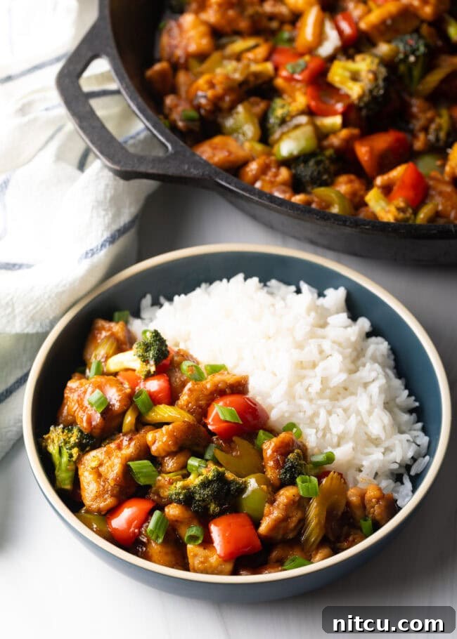 Hunan Firecracker Chicken 13 A generous bowl of Hunan Chicken stir-fry and white rice, perfectly portioned and ready for a satisfying meal.
