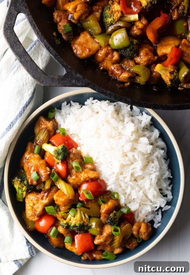 Hunan Firecracker Chicken 3 A captivating overhead view of a bowl, elegantly divided between savory Hunan Chicken stir-fry and fluffy white rice, inviting a delicious meal.