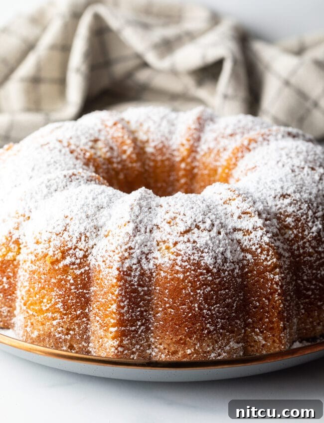 Sun-Kissed Lemon Olive Oil Cake 9 A freshly baked lemon olive oil bundt cake, elegantly dusted with fine powdered sugar, rests on a white plate, ready to be admired and enjoyed.
