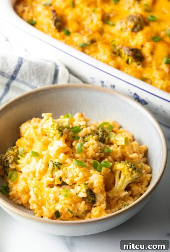 Effortless Cheesy Broccoli Rice Bake 3 Bowl of broccoli, rice, and cheese casserole.