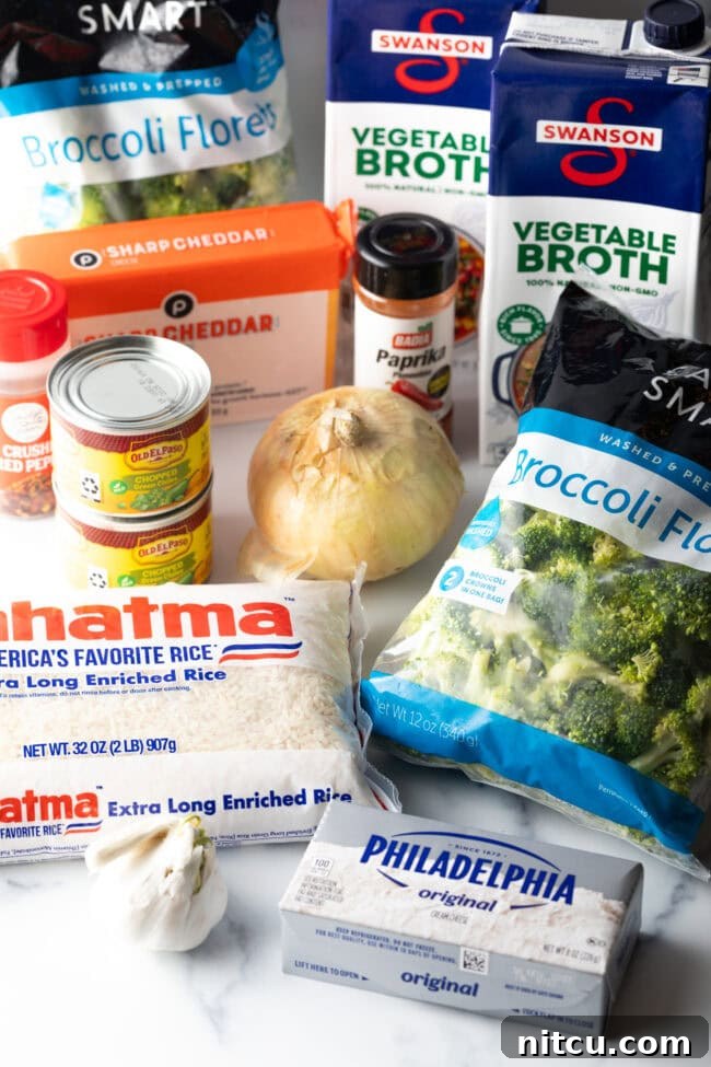 Effortless Cheesy Broccoli Rice Bake 4 Recipe ingredients in packages: broccoli, rice, cream cheese, mild chiles, vegetable broth, plus a whole onion.