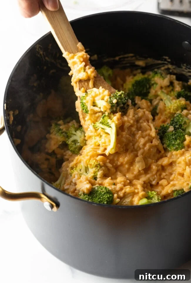 Effortless Cheesy Broccoli Rice Bake 8 Spoon stirring mixture of rice, broccoli, and cheese in a pot.