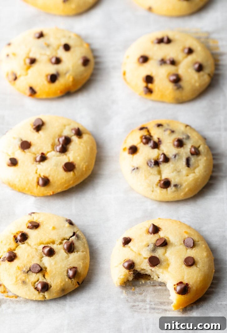 Wholesome Cookie Dough Delight 10 8 cottage cheese chocolate chip cookies cooling on a baking sheet. A front cookie has a bite missing.