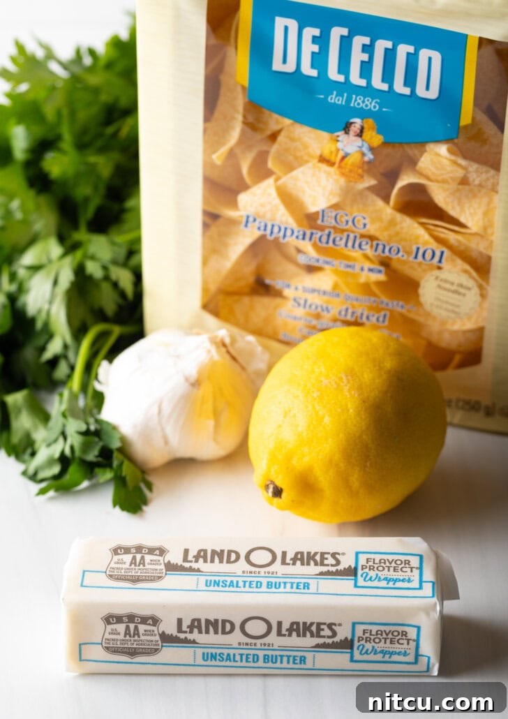 Irresistible Garlic Butter Noodles 4 Recipe ingredients: Stick of butter, whole lemon, whole head of garlic, fresh parsley, package of pappardelle pasta.