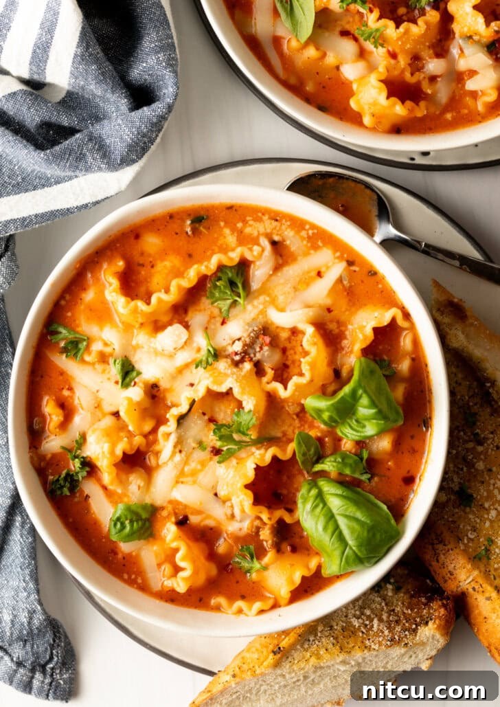 One-Pot Lasagna Delight 3 An overhead view of a pristine white bowl filled with luscious lasagna soup, adorned with two fresh basil leaves, highlighting its rich texture and appetizing presentation.