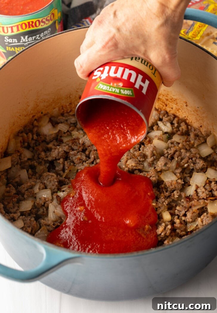 One-Pot Lasagna Delight 7 A hand gently adds canned tomato sauce to a pot of cooked sausage and onions, enriching the soup's tomato base.