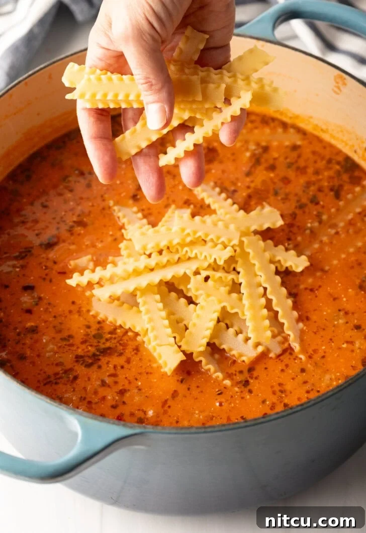 One-Pot Lasagna Delight 8 A hand introduces Mafalda noodles into a pot of simmering soup with a rich tomato broth, just before adding the cream cheese.