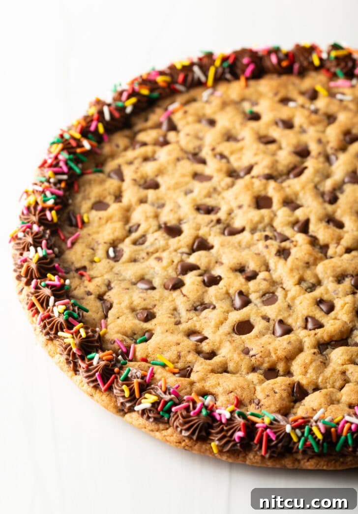 Ultimate Chocolate Chip Cookie Cake 11 Large chocolate chip cookie cake. The outside edge is piped with chocolate frosting and covered with rainbow sprinkles.