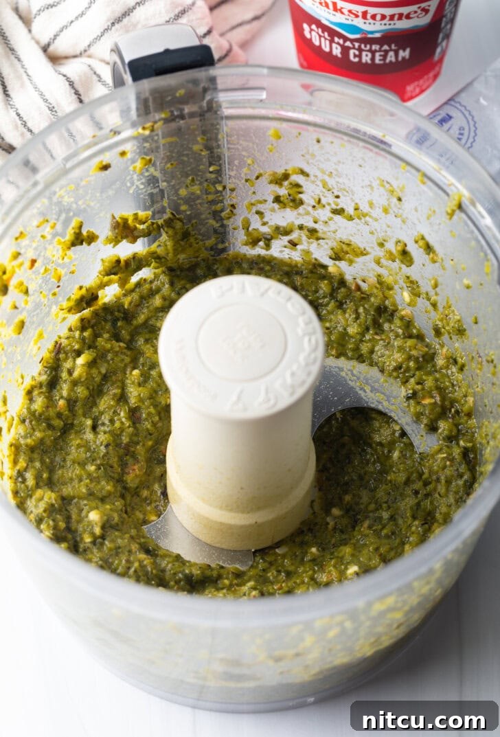 Blended ingredients for poblano cream in a blender. 