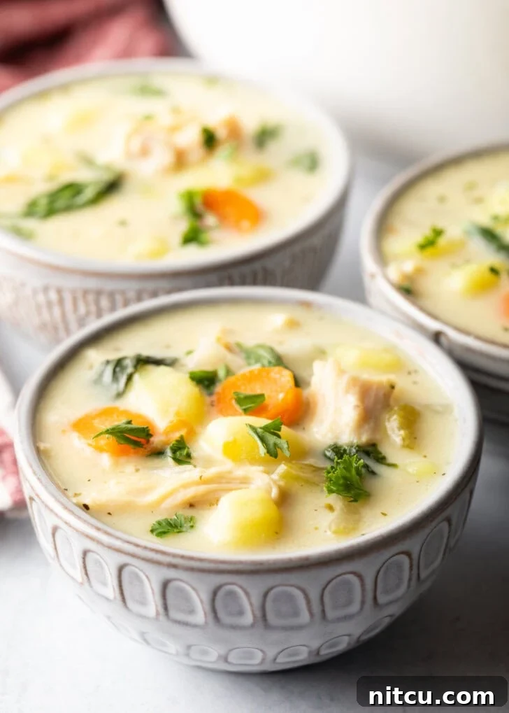 Three pristine white bowls brimming with a rich, creamy chicken gnocchi soup, garnished with fresh herbs.