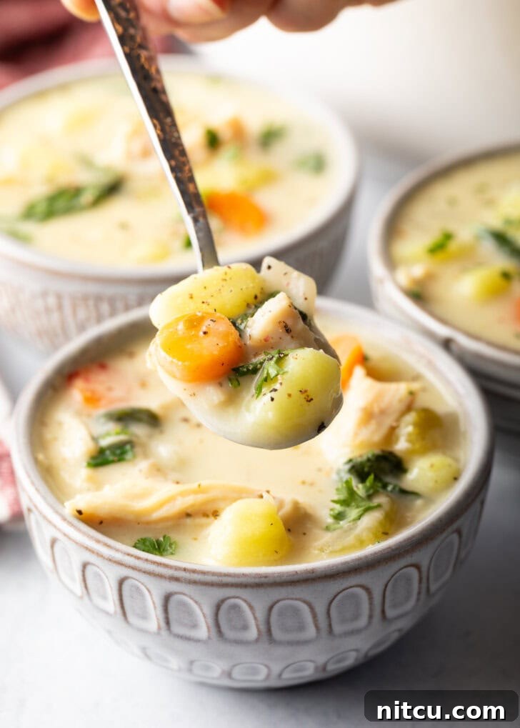 A close-up shot of a full bowl of creamy chicken gnocchi soup with a spoon holding a spoonful towards the camera, highlighting the delicious texture and ingredients.