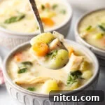 Bowlful of soup with a spoon holding a spoonful to camera.