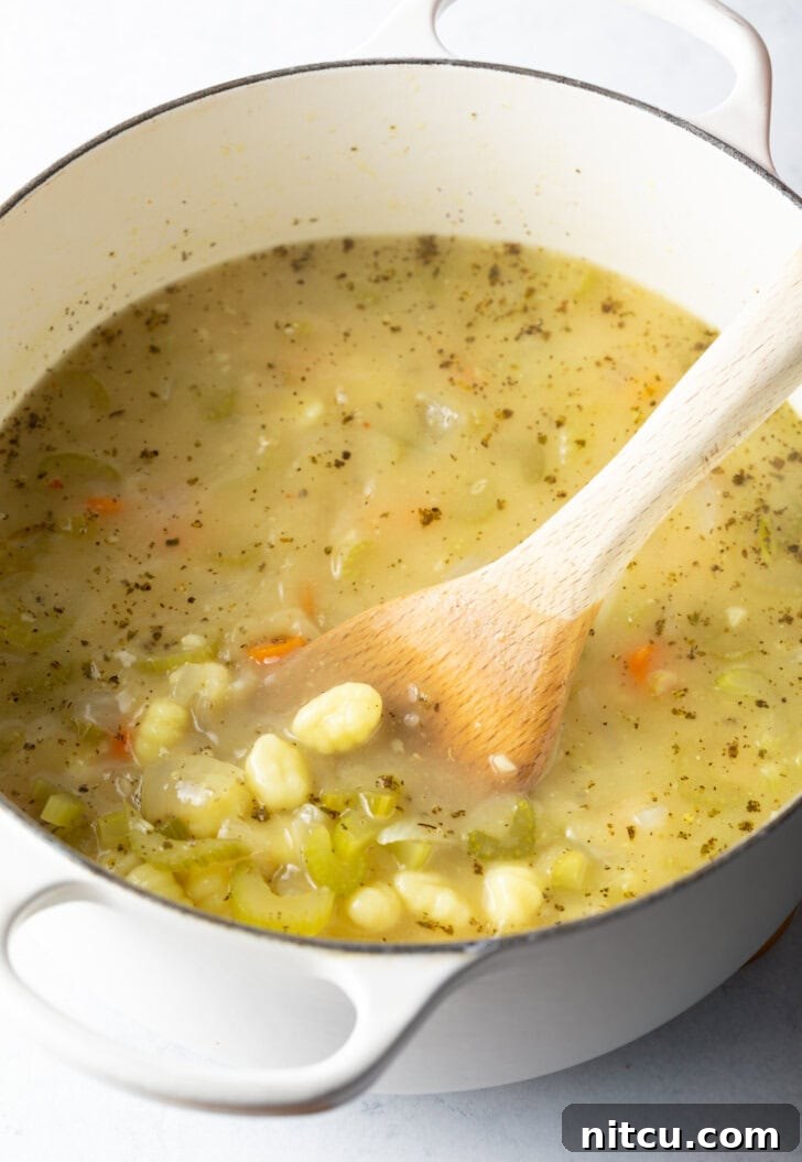 A close-up of a wooden spoon stirring the rich, simmering soup broth in a large pot, highlighting its texture.