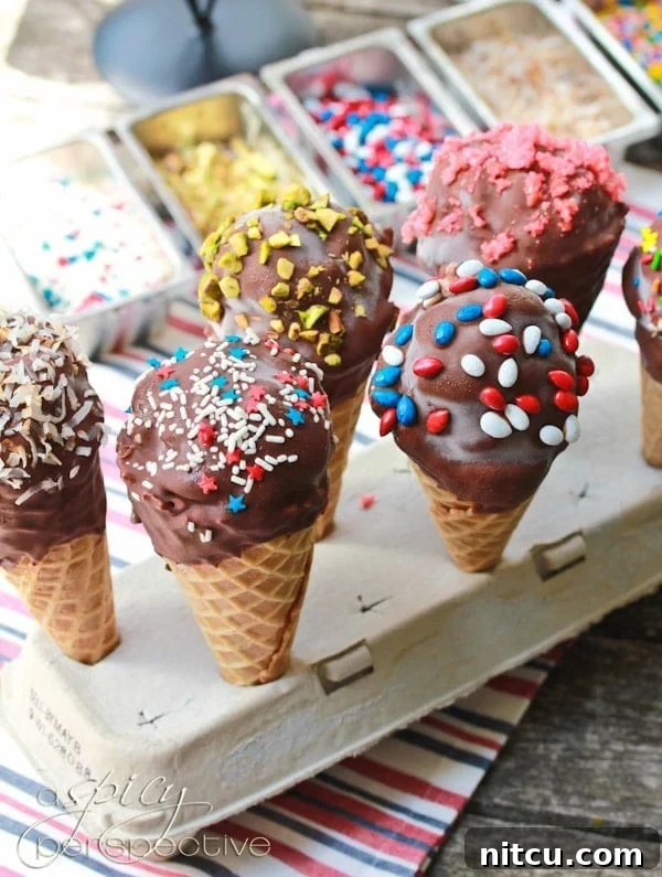 How to Make Ice Cream Drumsticks - ASpicyPerspective.com Easy Chocolate Dipped Ice Cream Cones