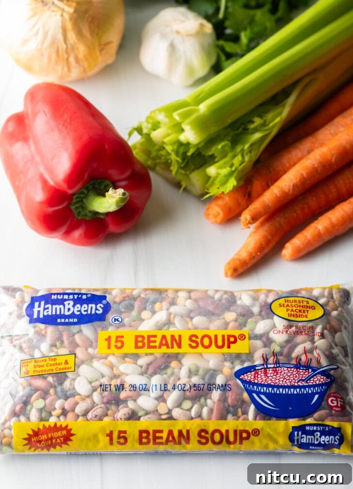 Recipe ingredients: Package of 15 bean soup mix, fresh red bell pepper, celery, and carrots.