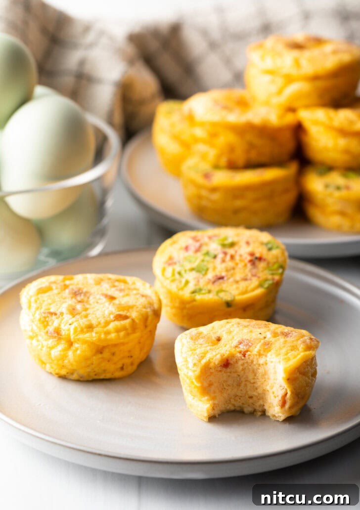 Effortless Egg Bites 12 Three golden-brown egg bites on a white plate, one with a bite taken out, revealing its rich, fluffy interior.