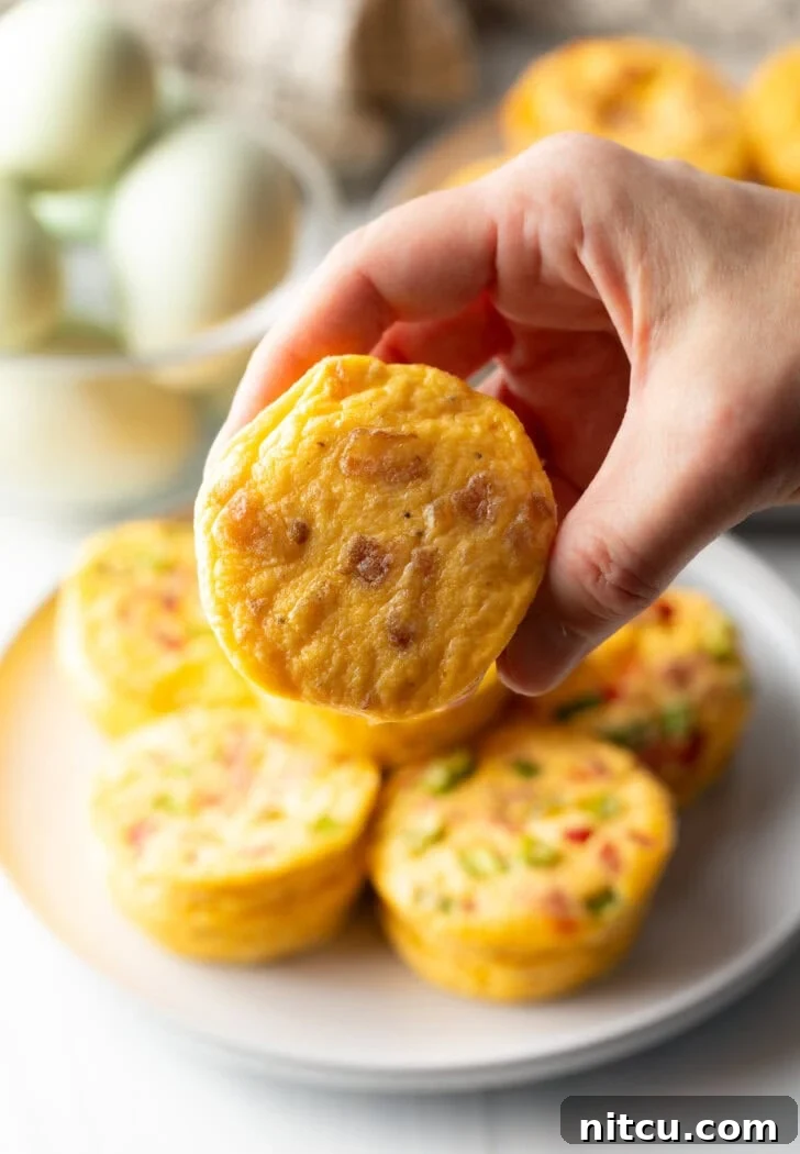 Effortless Egg Bites 3 A hand holds a single, perfectly golden egg bite towards the camera, highlighting its enticing texture and a glimpse of the delicious fillings within.