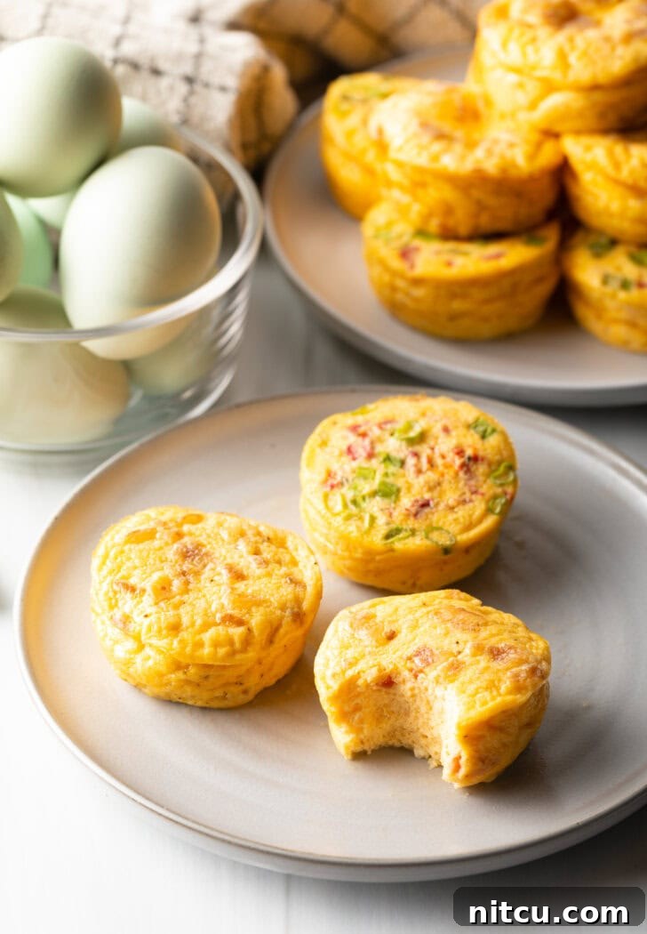 Effortless Egg Bites 4 Three golden-brown egg bites rest on a plate, with one having a bite taken out, revealing its fluffy interior and cheese bits.