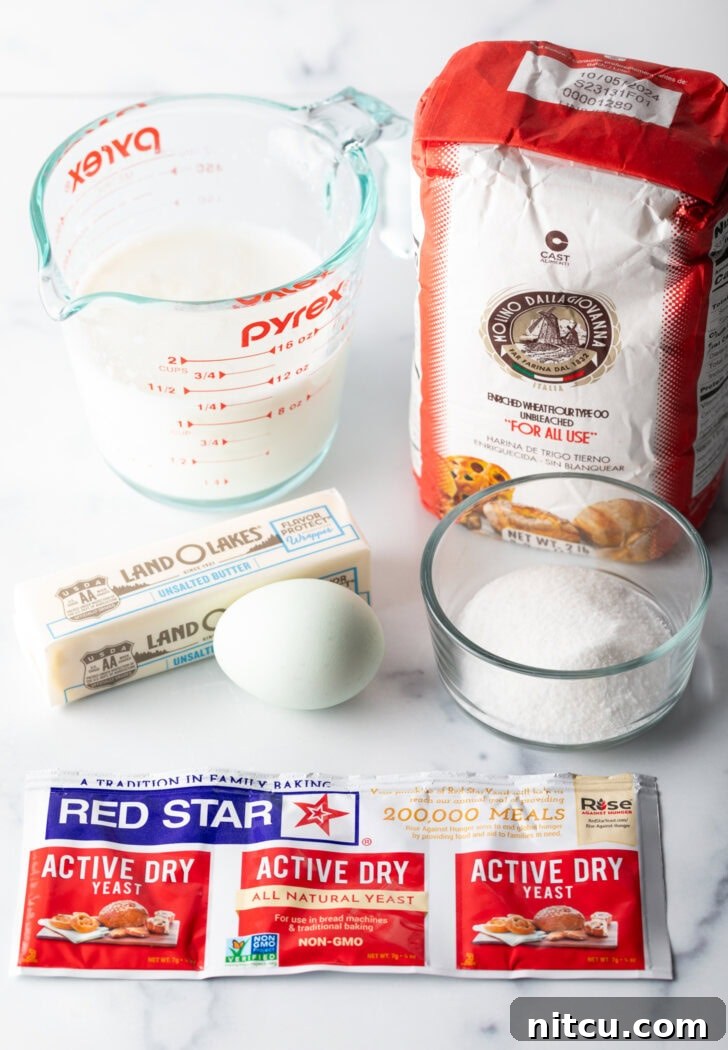 Recipe ingredients: Milk, flour, sugar, egg, butter, and 3 yeast packets.
