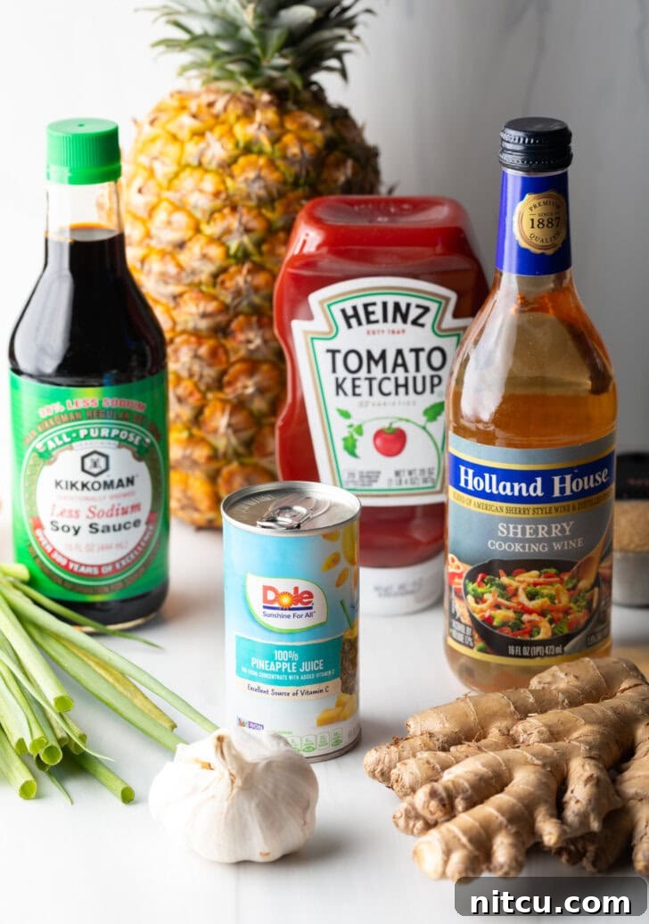 Tropical Glazed BBQ Chicken 5 Huli huli chicken ingredients. Individual bottles of sherry, soy sauce, ketchup, pineapple juice, plus fresh ginger root, garlic bulb, and scallions laid out for the marinade.