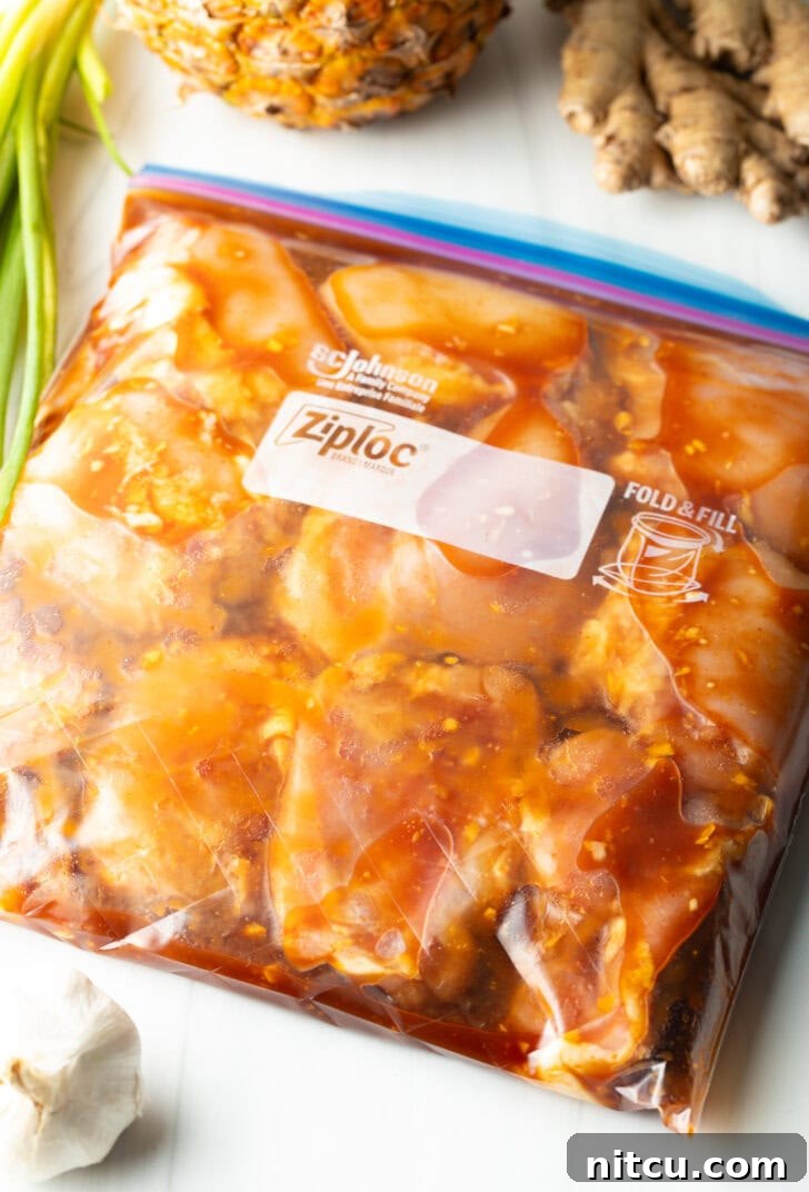 Tropical Glazed BBQ Chicken 8 Raw chicken pieces in a plastic ziploc bag with Hawaiian chicken pineapple marinade, ready for refrigeration.