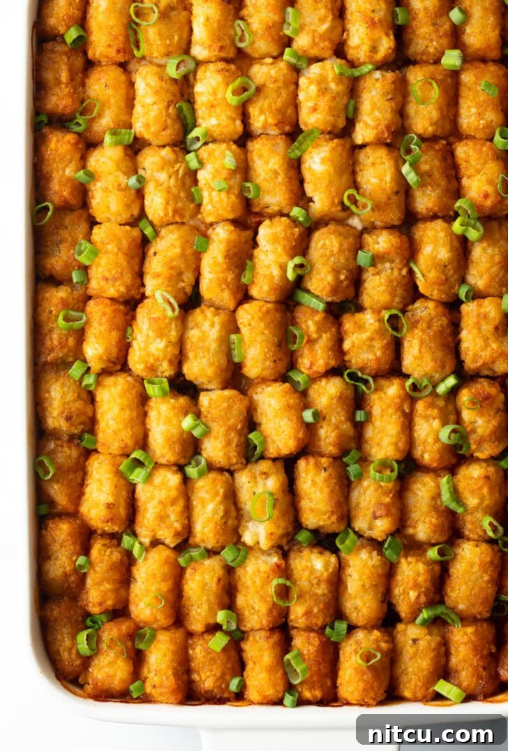 Chuckwagon Tater Tot Casserole 4 Fully baked cowboy tater tot casserole with neat rows of tater tots on top, ready to be served.