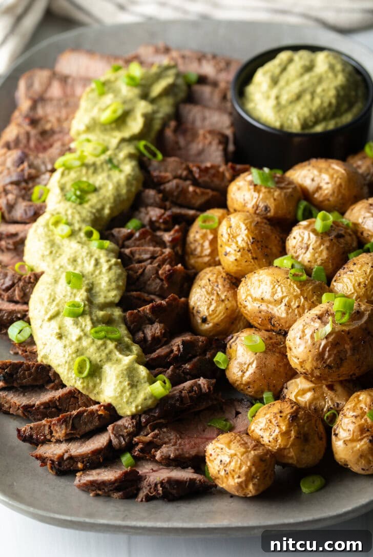 Signature London Broil Marinade 2 London Broil Marinade - London broil sliced into thick strips, covered with rich green sauce and chopped scallions with baby potatoes on the side.