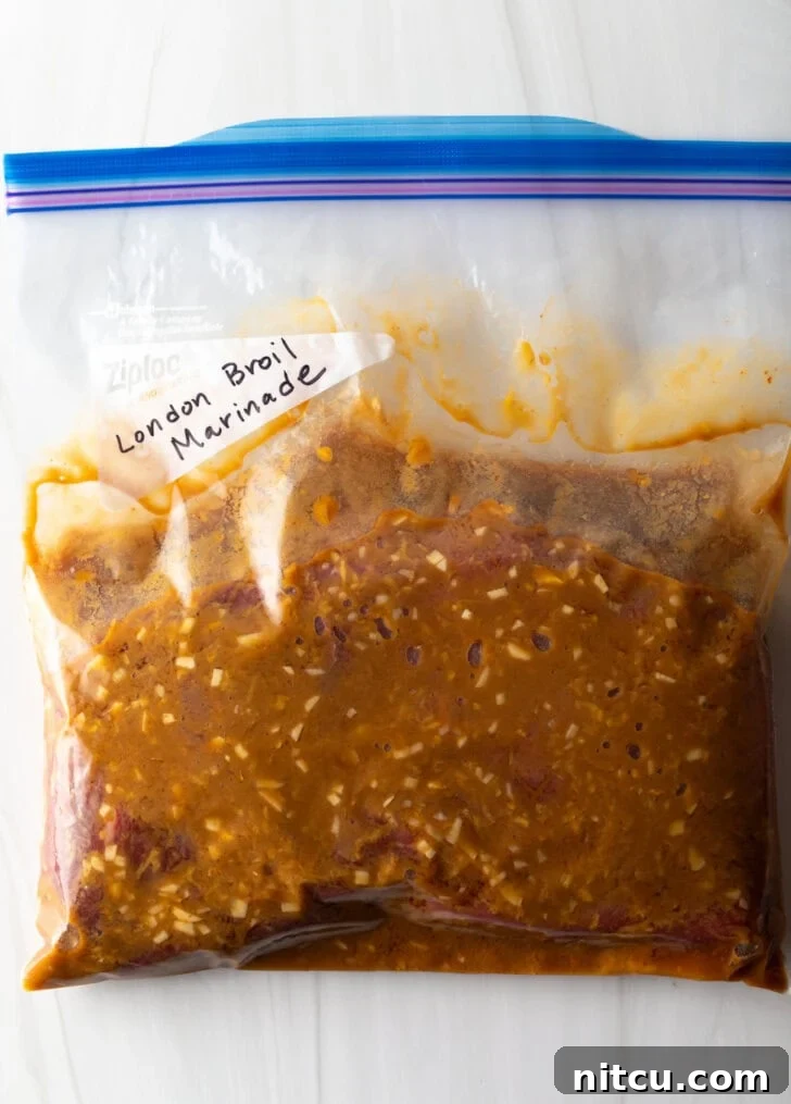 Signature London Broil Marinade 8 Plastic ziploc with seasoned brown marinade.