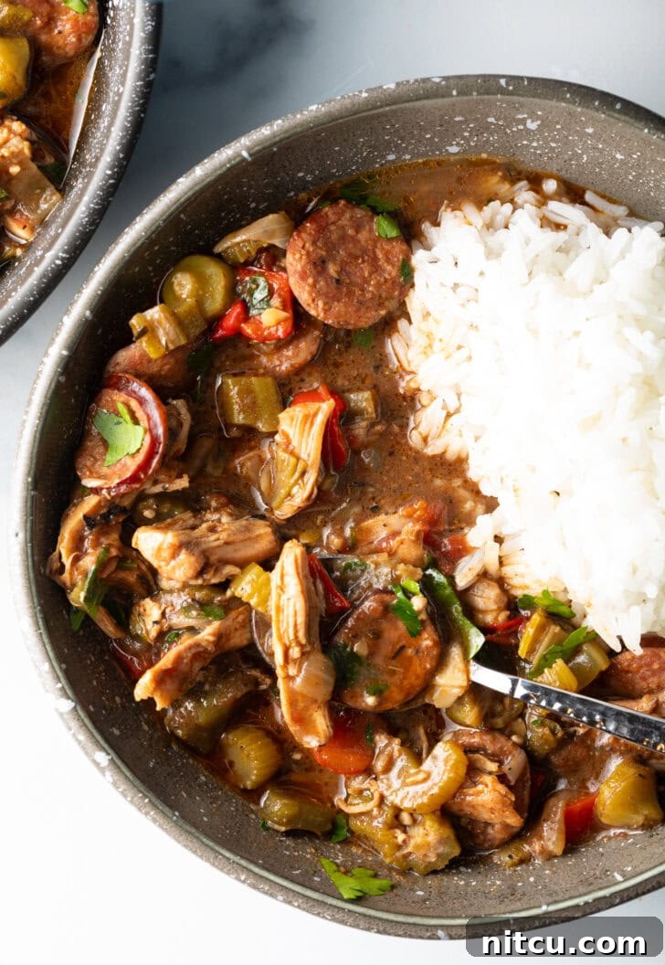 Bowl of chicken sausage gumbo with a scoop of white rice.