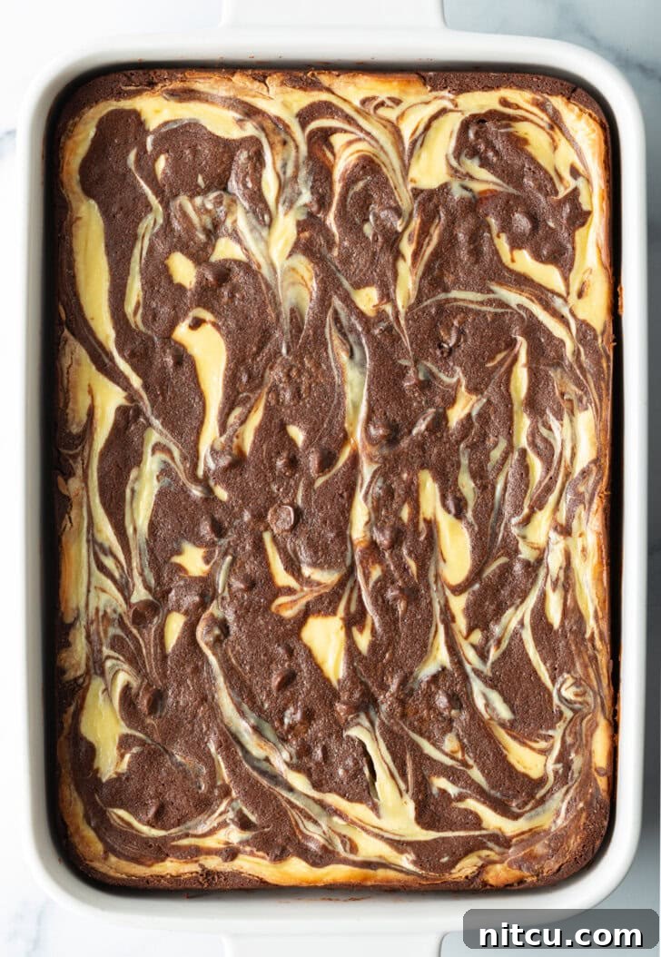 Decadent Brownie Cheesecake Bars 13 Freshly baked brownies in a pan, showcasing a beautiful swirl of creamy cheesecake and rich chocolate.