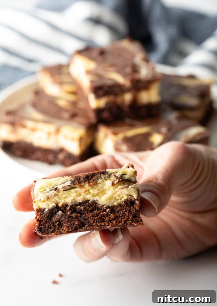 Decadent Brownie Cheesecake Bars 4 A hand holds up a delicious cheesecake brownie, with a visible bite taken out, showcasing the perfect swirl of chocolate and cream cheese.