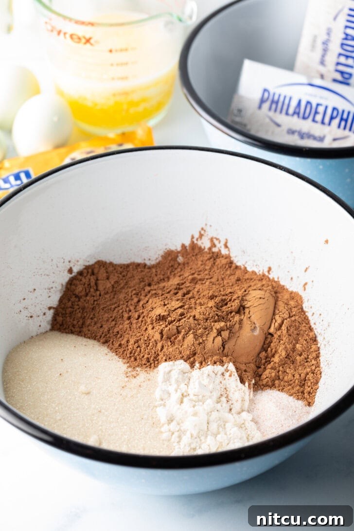Decadent Brownie Cheesecake Bars 5 A white bowl holds a mixture of cocoa powder and other dry ingredients, ready for whisking.