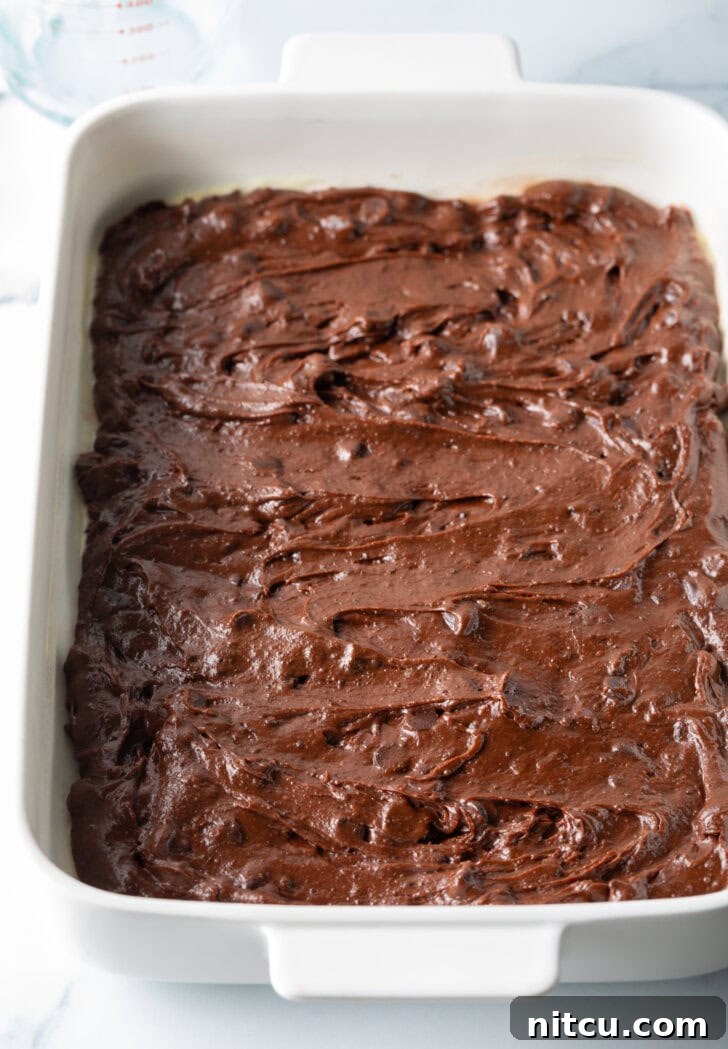Decadent Brownie Cheesecake Bars 9 Rich brownie batter is smoothly spread across the bottom of a white rectangular baking pan, creating an even base.