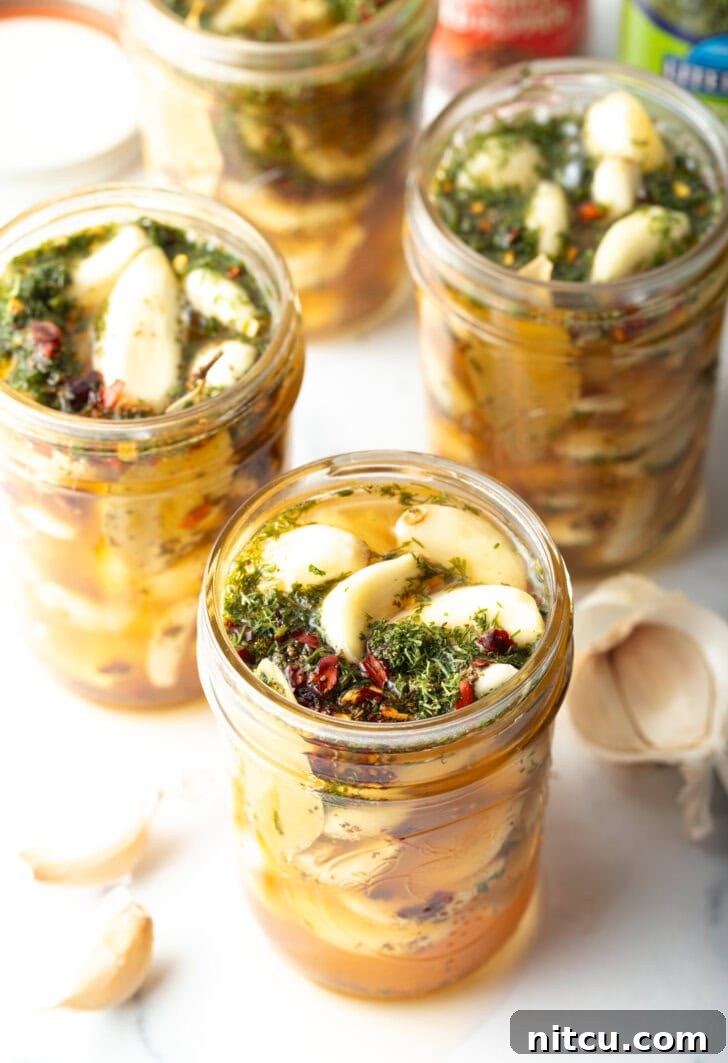 Zesty Pickled Garlic 7 Top down open glass jar stuffed with preserved garlic and herbs.