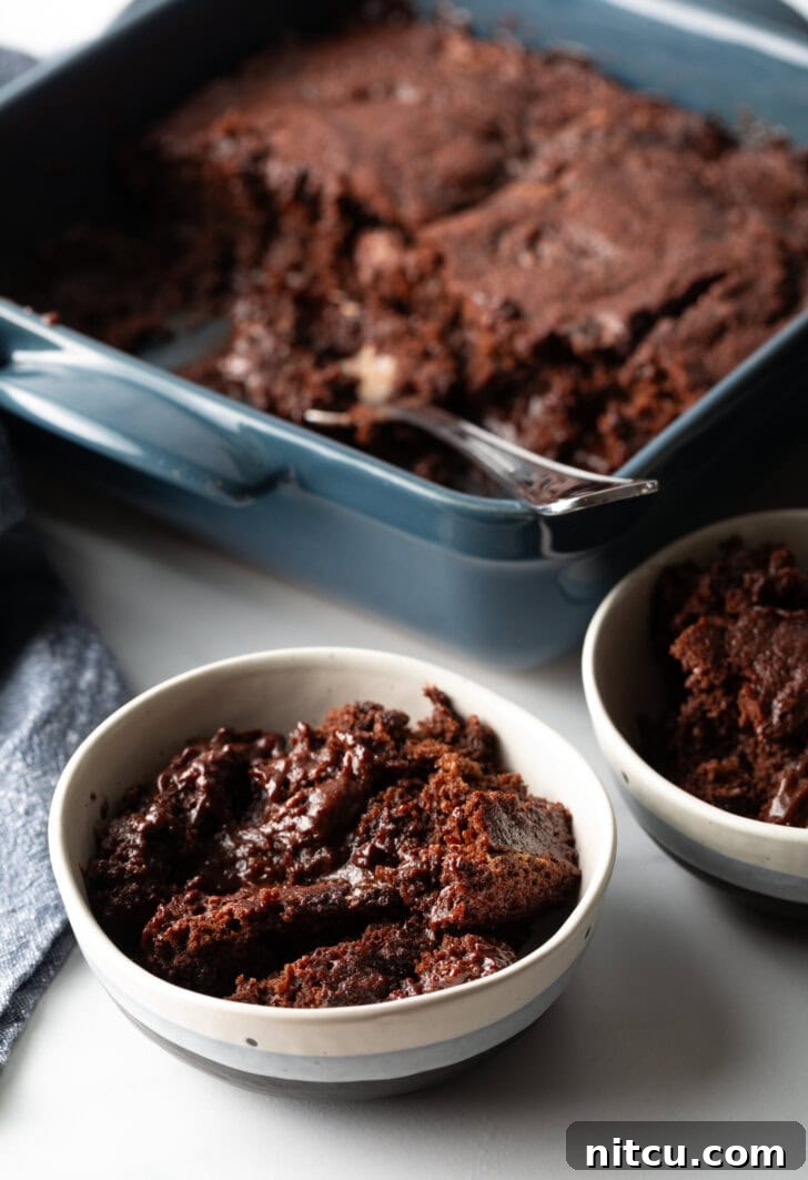 Decadent Chocolate Pudding Cake 11 Serving of chocolate pudding cake in a white bowl.