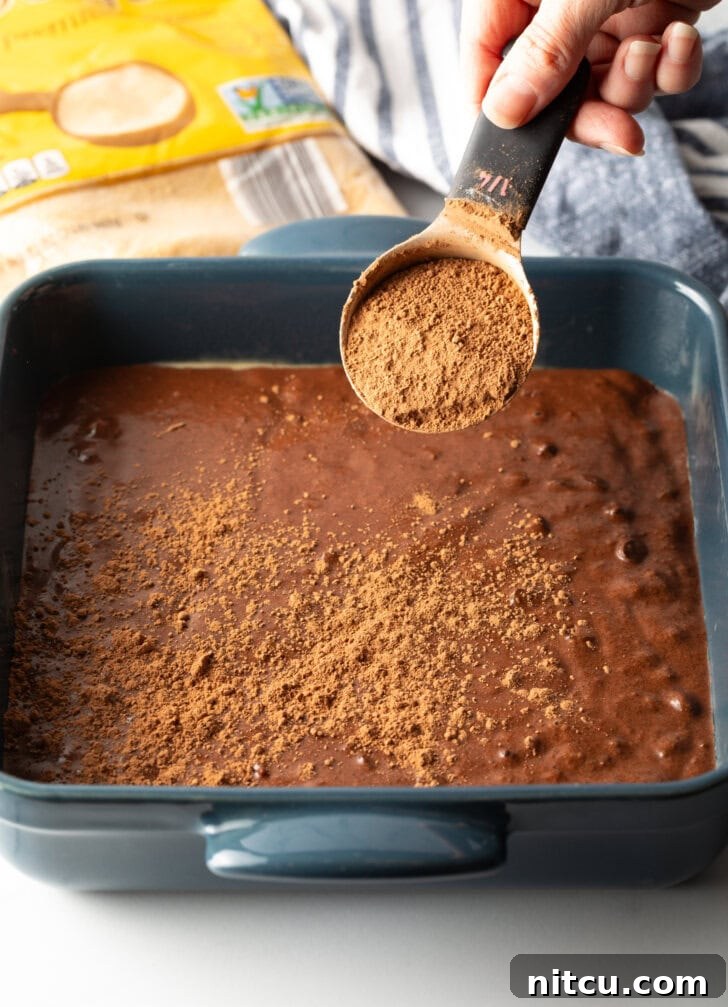 Decadent Chocolate Pudding Cake 6 Adding chocolate powder to the cake batter in a pan.